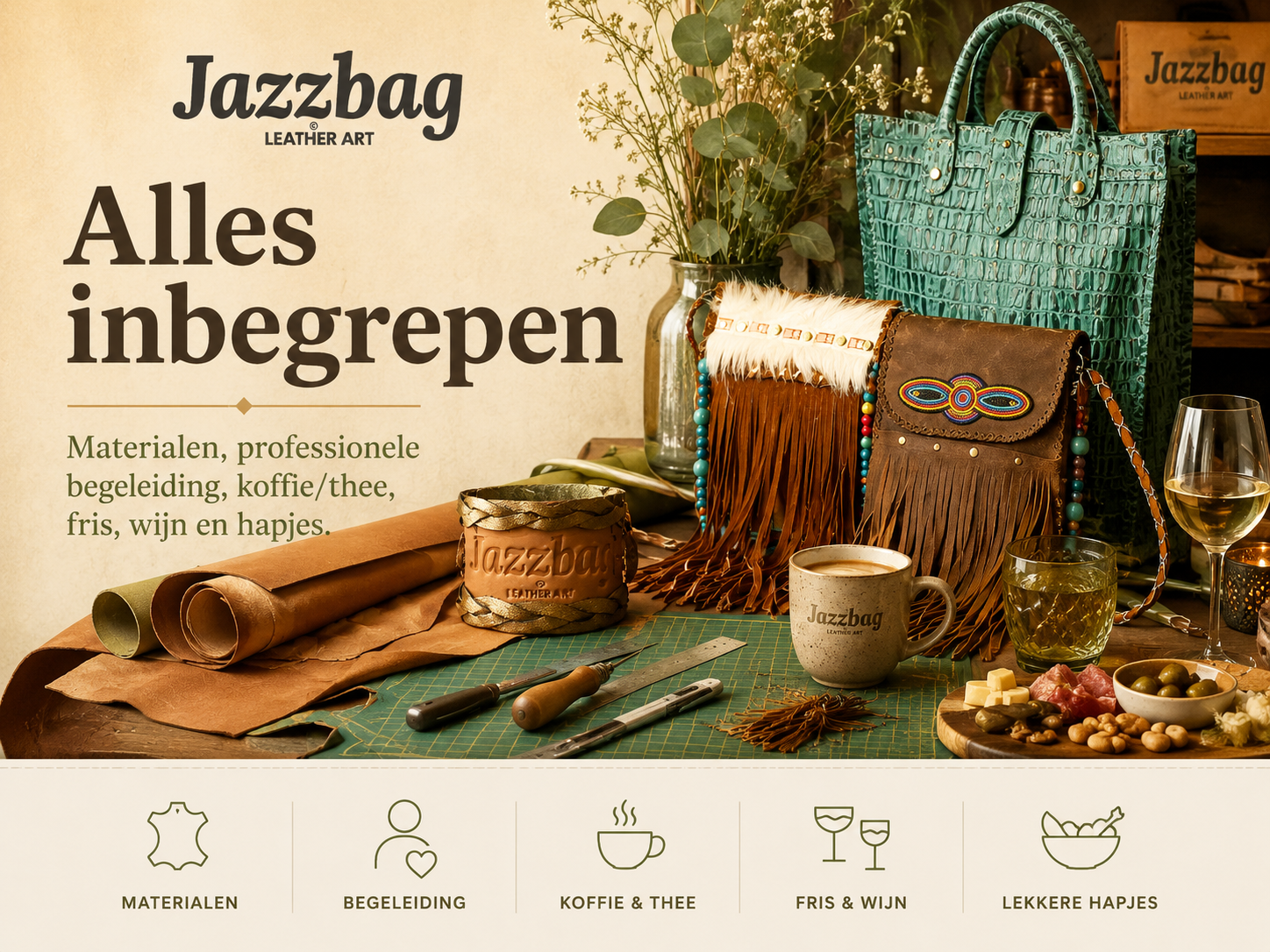Materialen en begeleiding inbegrepen bij Jazzbag workshop leren tas maken