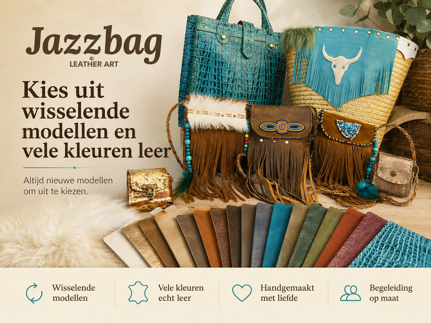 Verschillende modellen en kleuren leren tassen bij Jazzbag